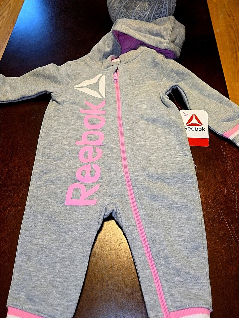 Reebok Grey & Pink Hooded Baby One-Piece Nwt Sz 6-9mths
